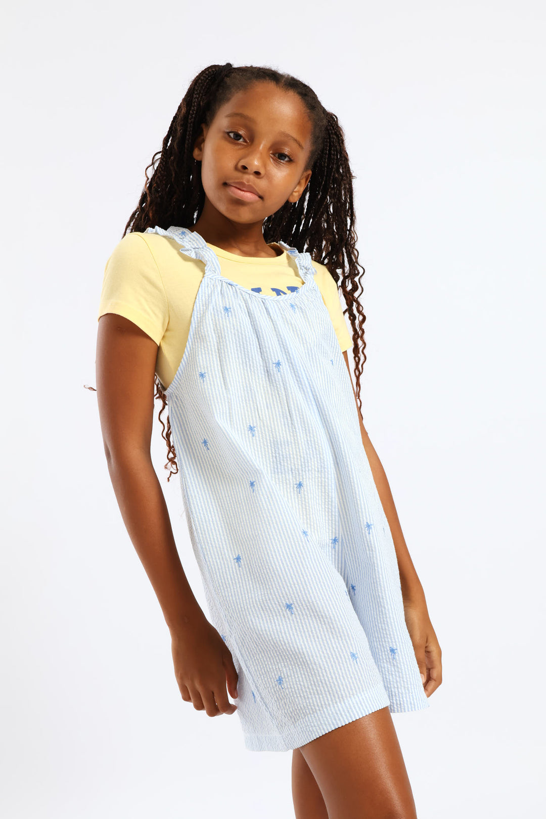 Girls Embroidered Palm Stripe Loose Fit Playsuit - Blue