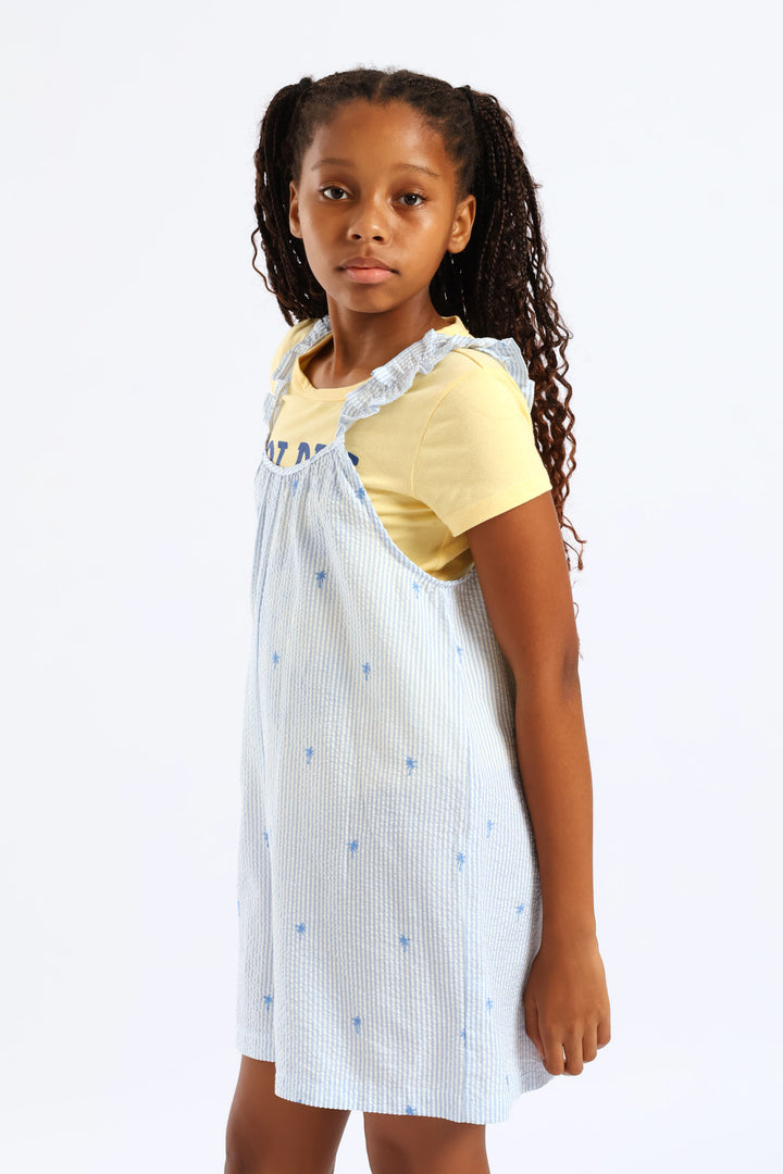 Girls Embroidered Palm Stripe Loose Fit Playsuit - Blue