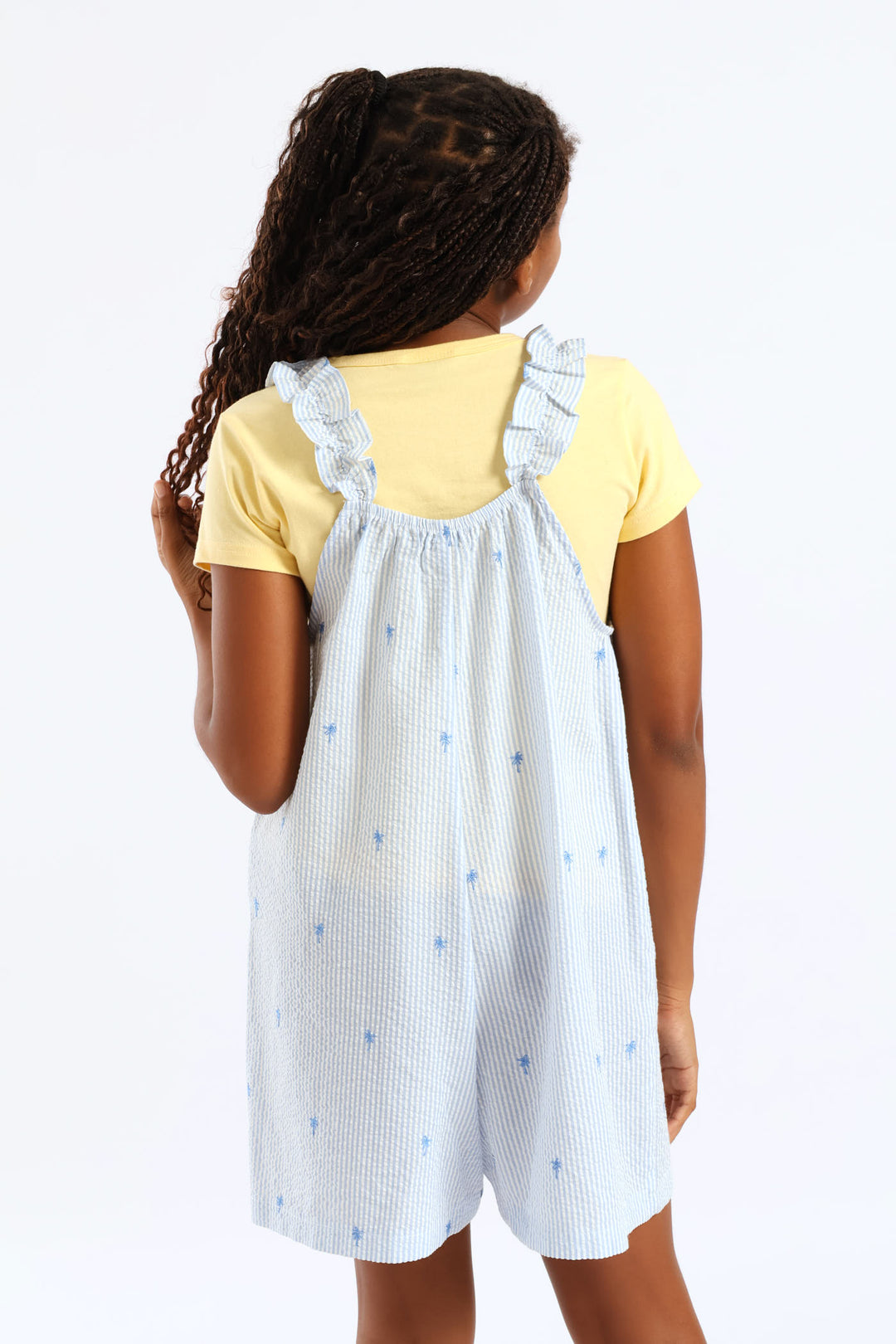 Girls Embroidered Palm Stripe Loose Fit Playsuit - Blue