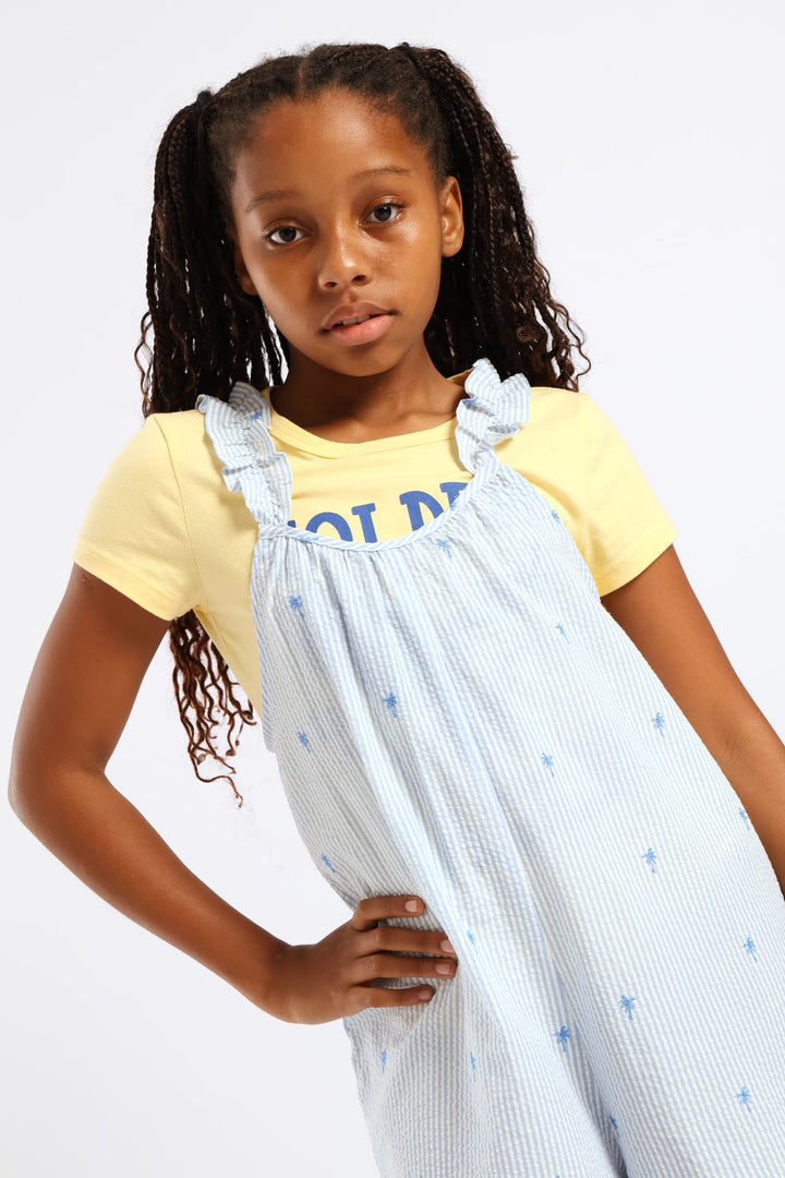 Girls Embroidered Palm Stripe Loose Fit Playsuit - Blue