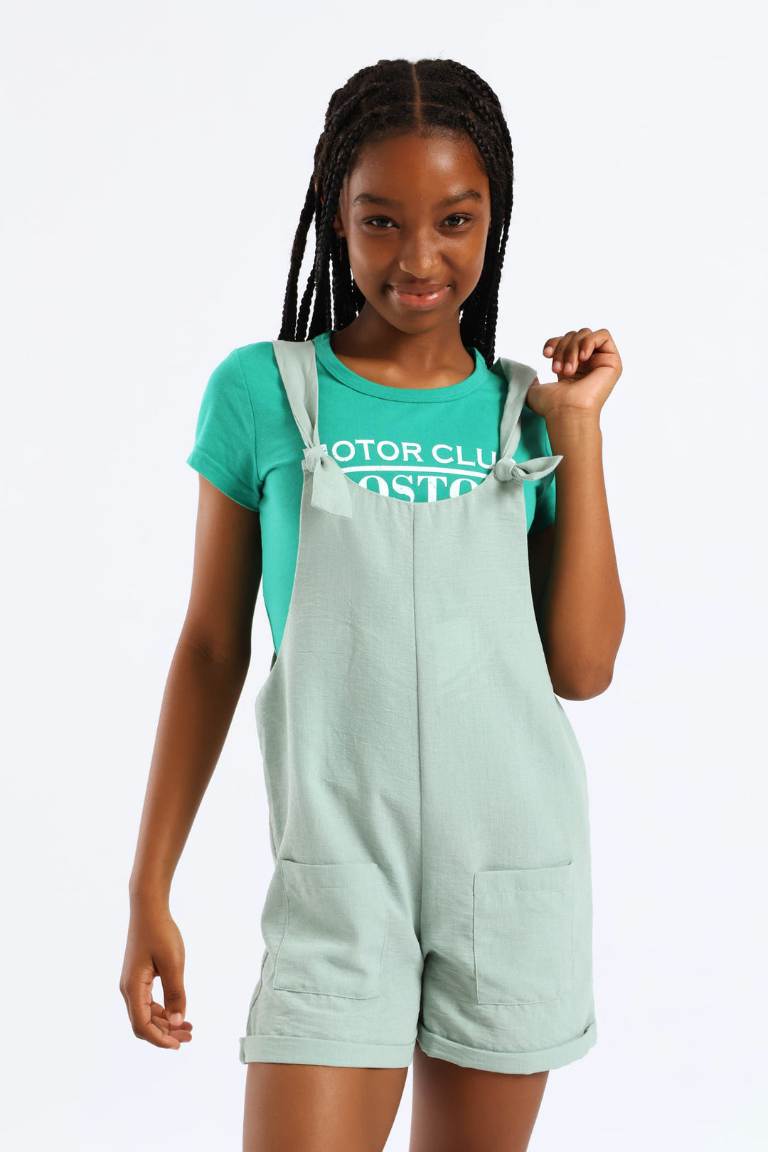 Girls Linen Dungaree - Sage