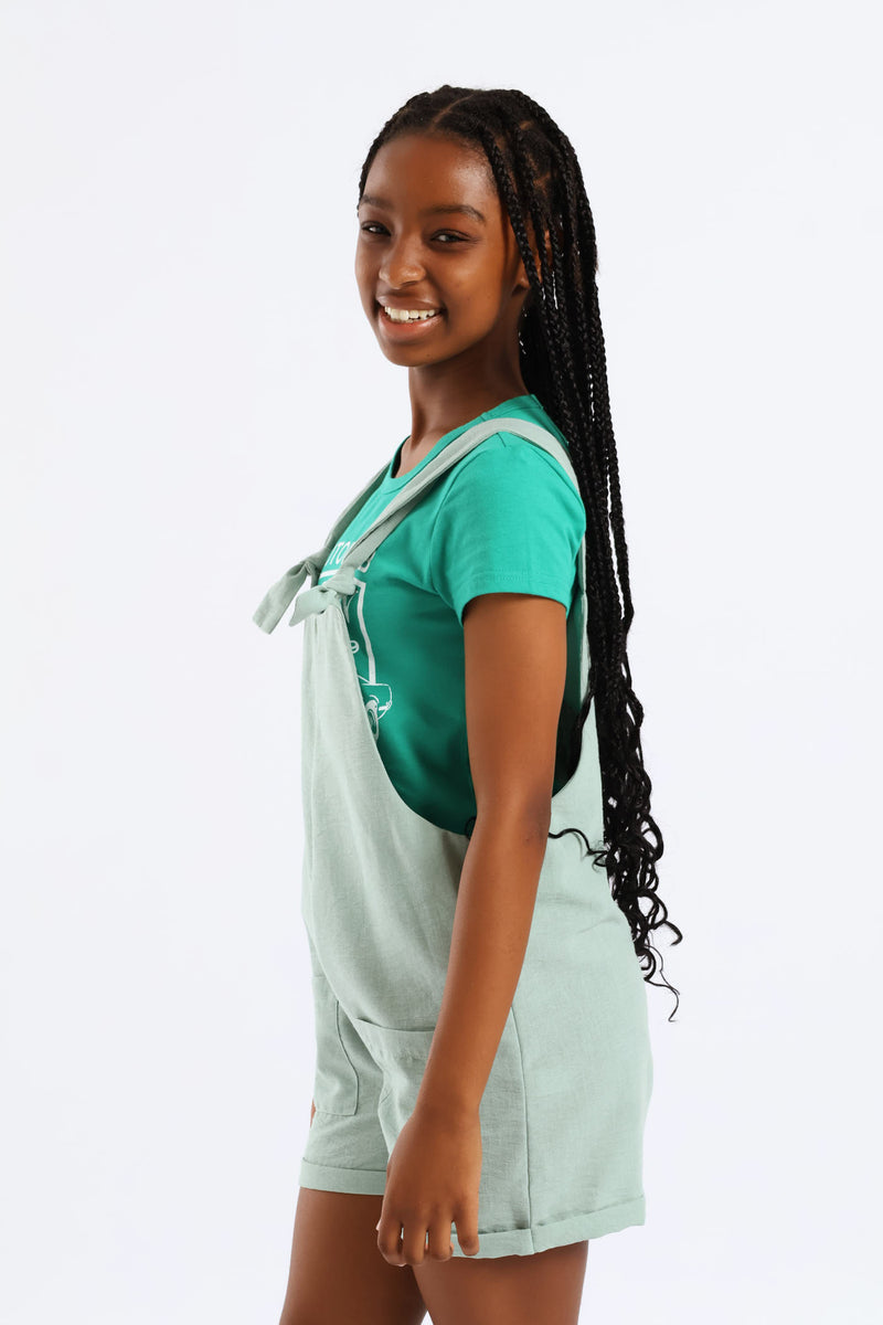 Girls Linen Dungaree - Sage