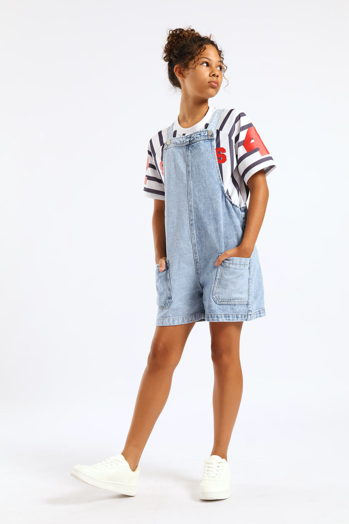 Girls Patchwork Denim Dungaree - Multi