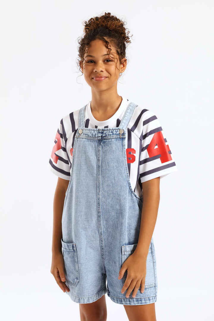 Girls Patchwork Denim Dungaree - Multi