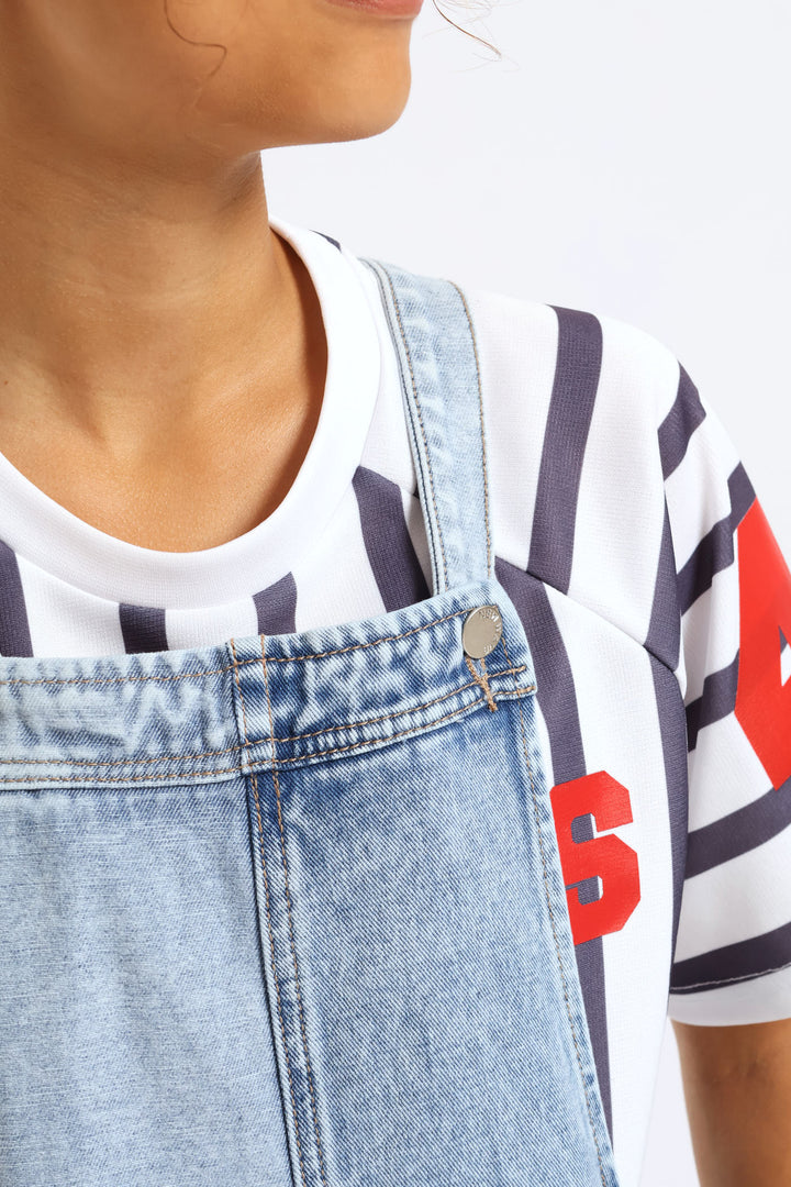 Girls Patchwork Denim Dungaree - Multi