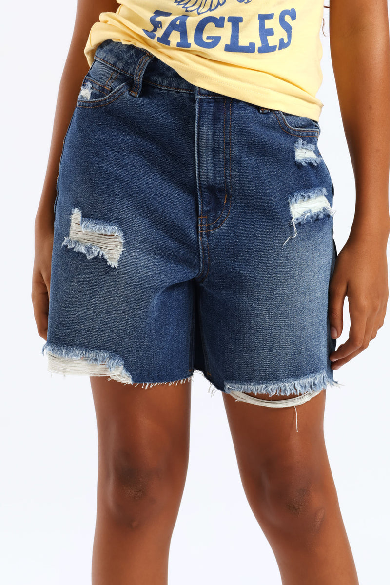 Girls Ripped Bermuda Shorts - Dark Blue
