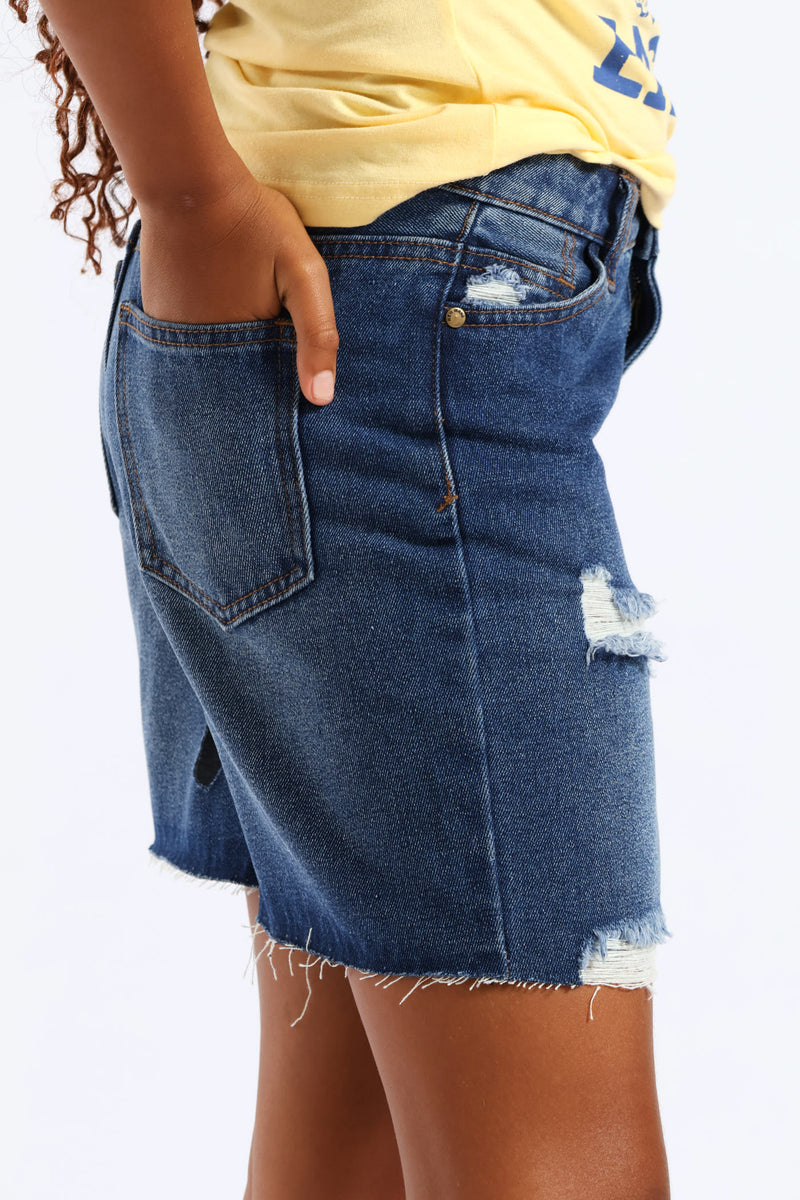 Girls Ripped Bermuda Shorts - Dark Blue