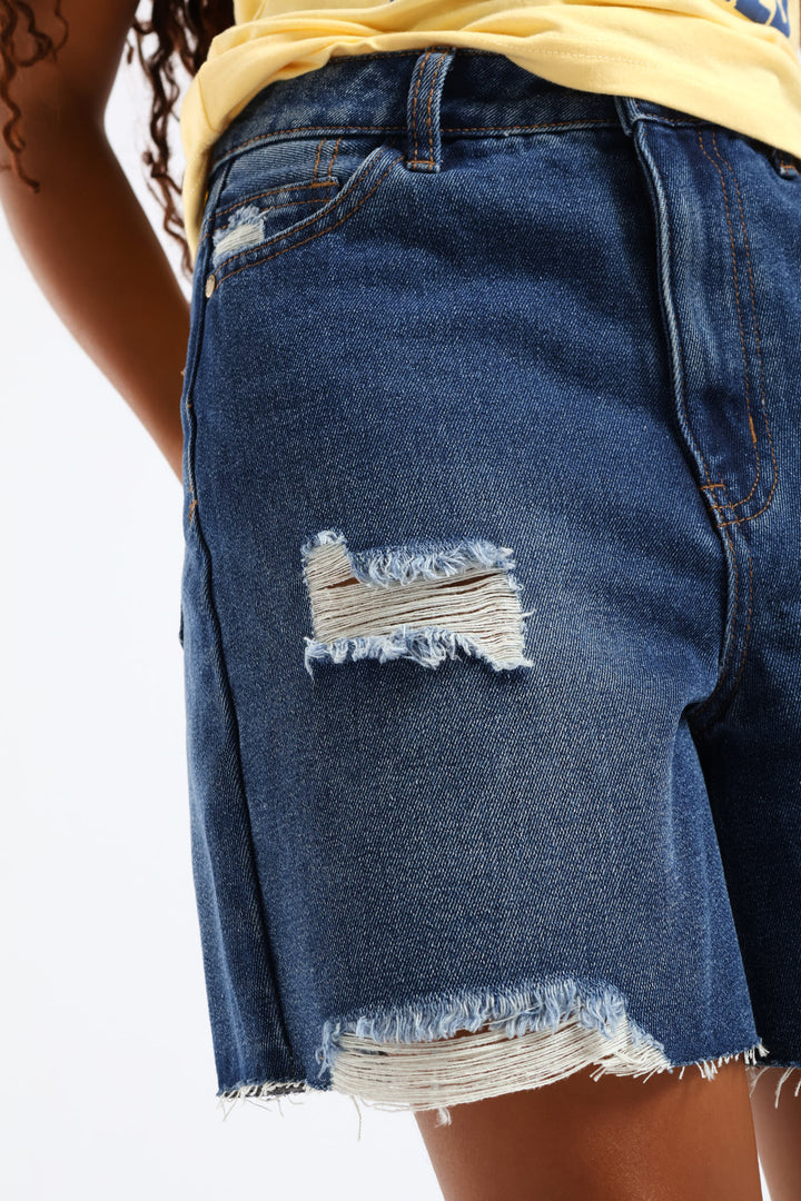 Girls Ripped Bermuda Shorts - Dark Blue