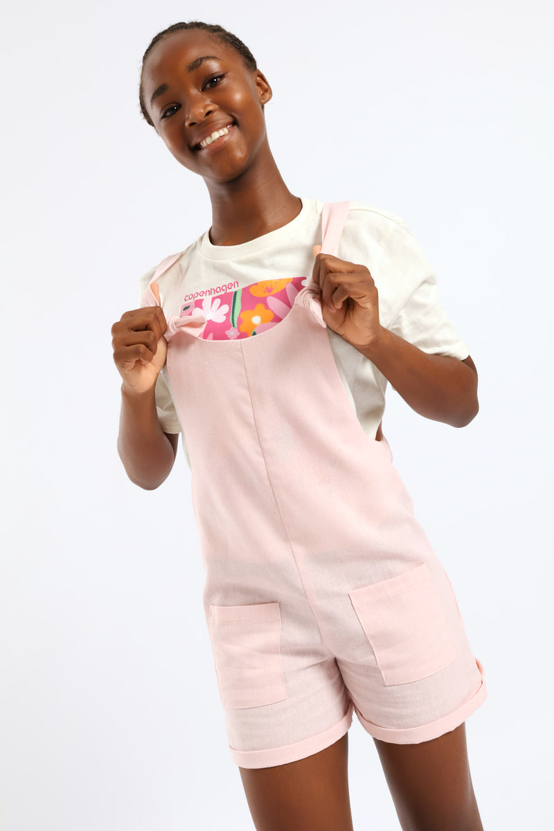 Girls Linen Dungaree - Dusty Pink
