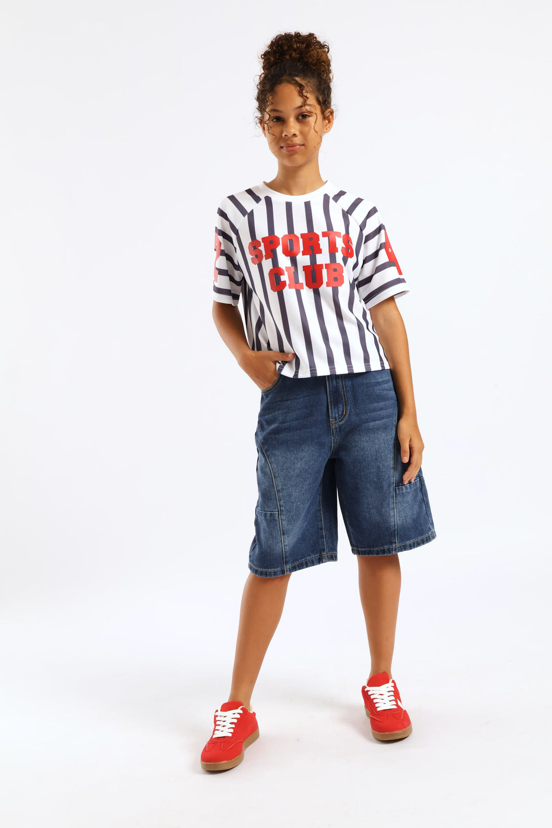 Girls Panel Detail Denim Jort - Dark Blue