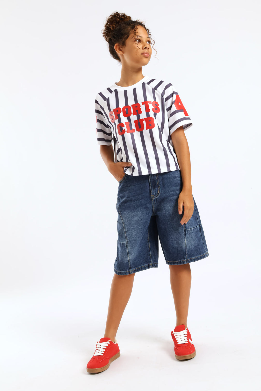 Girls Stripe Boxy Sports Club Tee - Cream/Navy