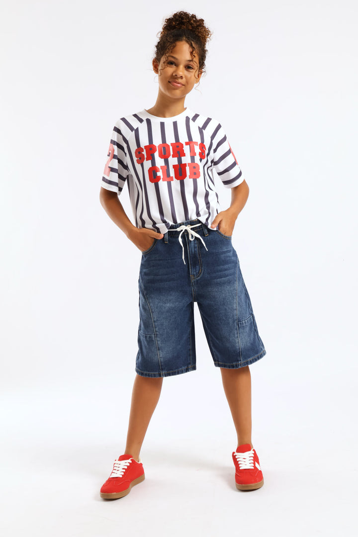 Girls Stripe Boxy Sports Club Tee - Cream/Navy