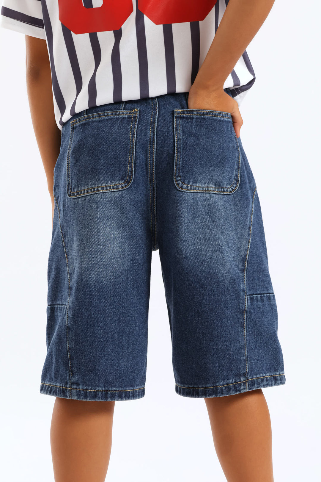 Girls Panel Detail Denim Jort - Dark Blue
