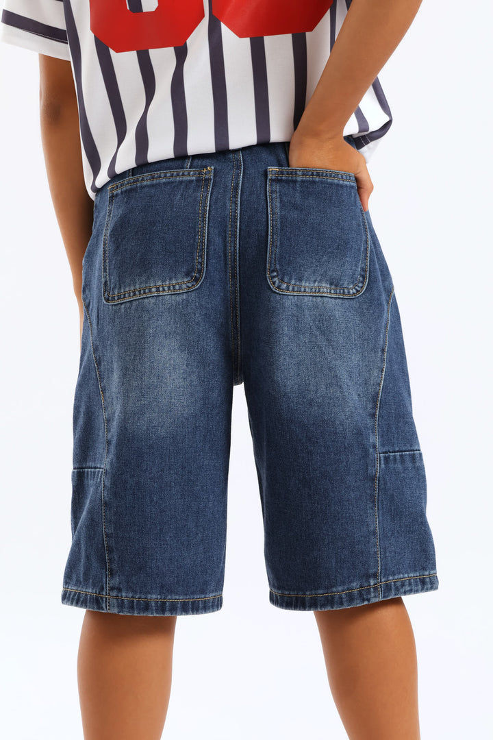 Girls Panel Detail Denim Jort - Dark Blue