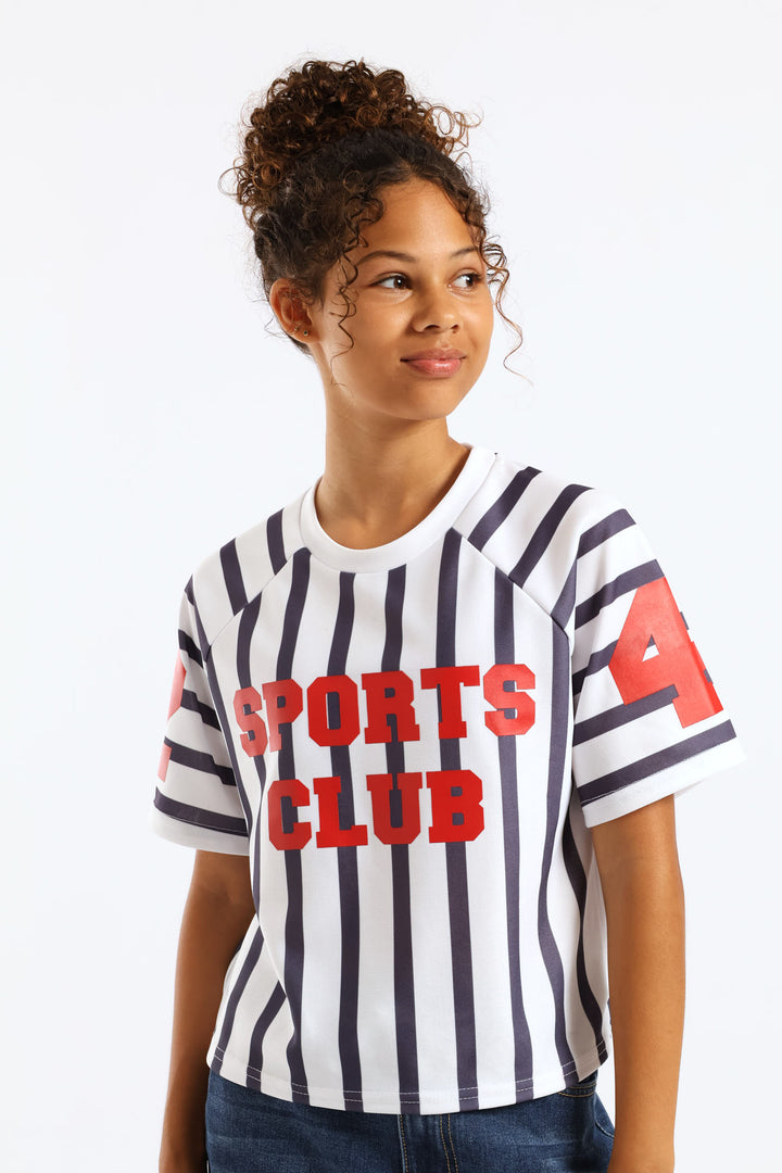 Girls Stripe Boxy Sports Club Tee - Cream/Navy