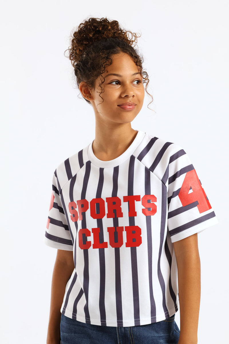 Girls Stripe Boxy Sports Club Tee - Cream/Navy