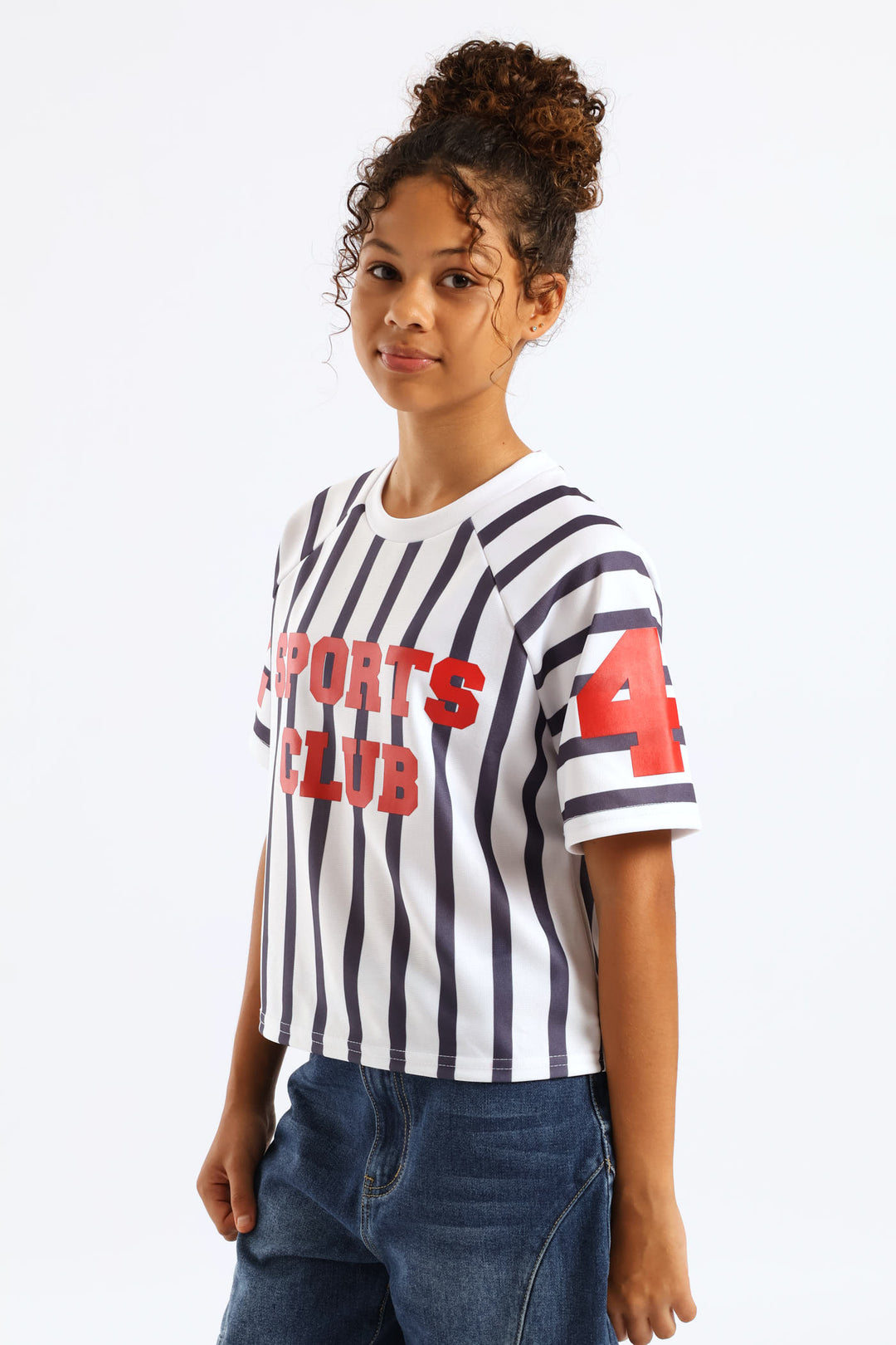 Girls Stripe Boxy Sports Club Tee - Cream/Navy