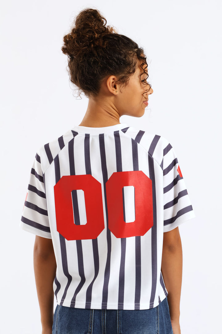 Girls Stripe Boxy Sports Club Tee - Cream/Navy