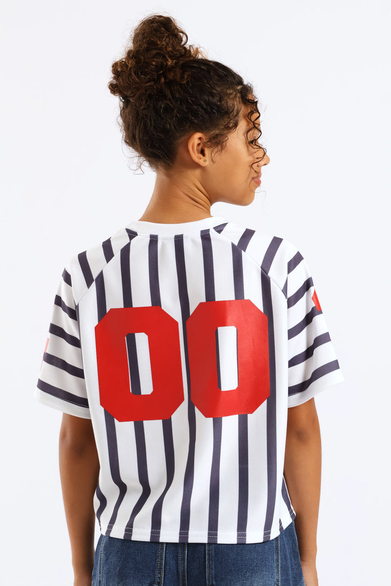 Girls Stripe Boxy Sports Club Tee - Cream/Navy