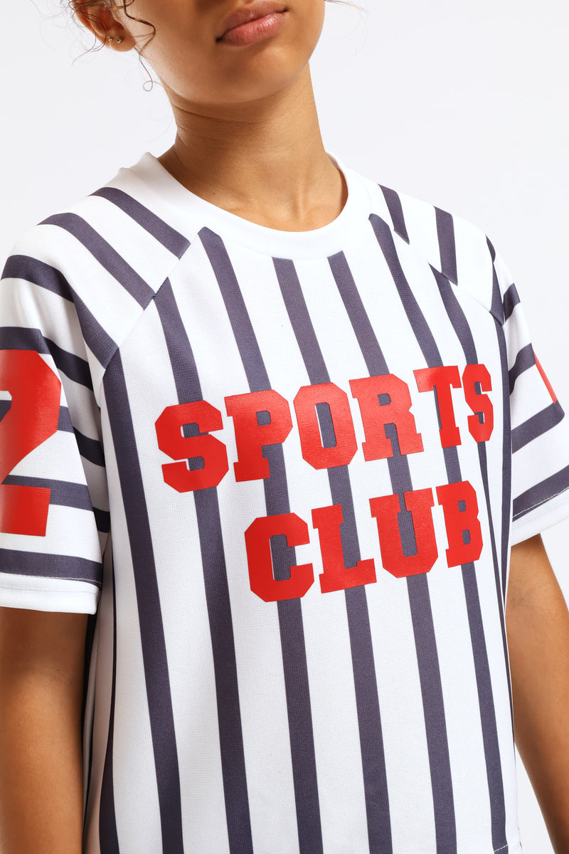 Girls Stripe Boxy Sports Club Tee - Cream/Navy