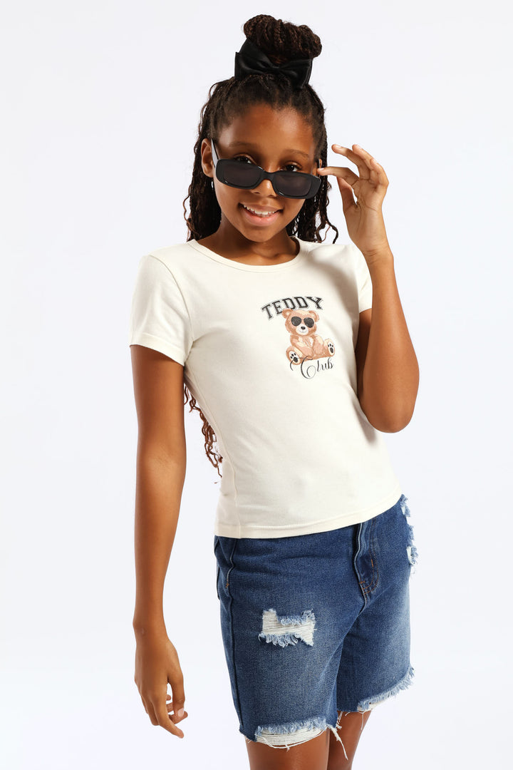 Girls Teddy Bear Fitted Regular Tee - Cream