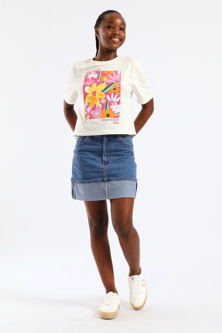 Girls Rigid Denim Fold Up Hem Skirt - Stonewash