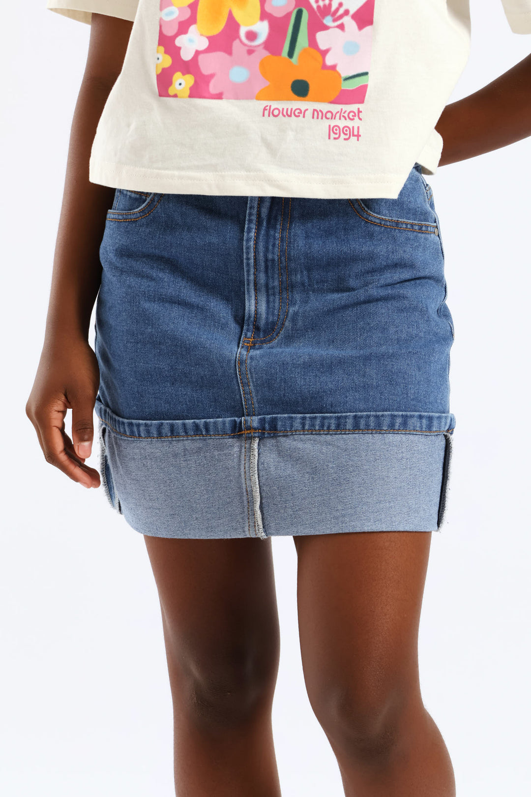 Girls Rigid Denim Fold Up Hem Skirt - Stonewash