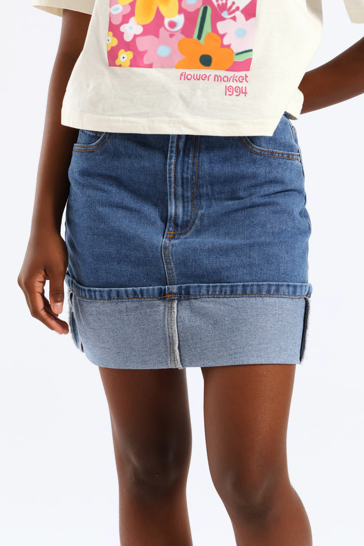 Girls Rigid Denim Fold Up Hem Skirt - Stonewash
