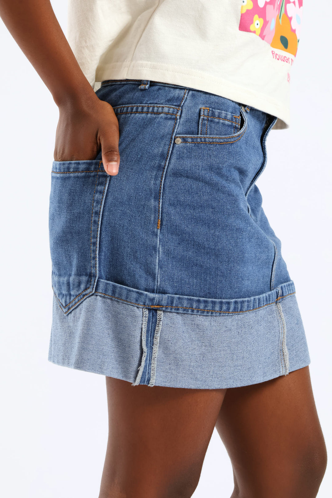 Girls Rigid Denim Fold Up Hem Skirt - Stonewash