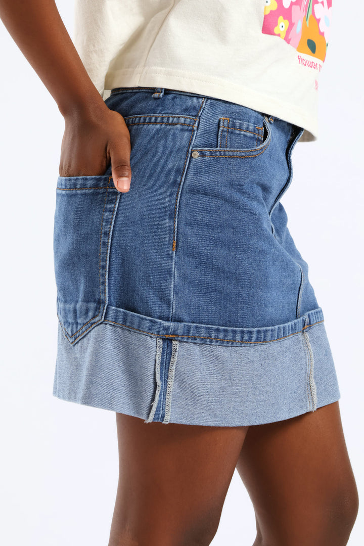 Girls Rigid Denim Fold Up Hem Skirt - Stonewash