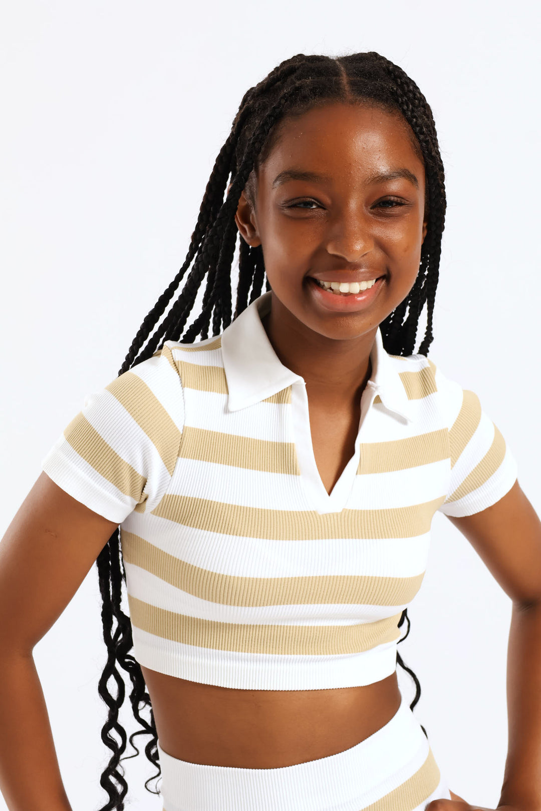 Girls Seamless Striipe Johnny Collar Top - Stone
