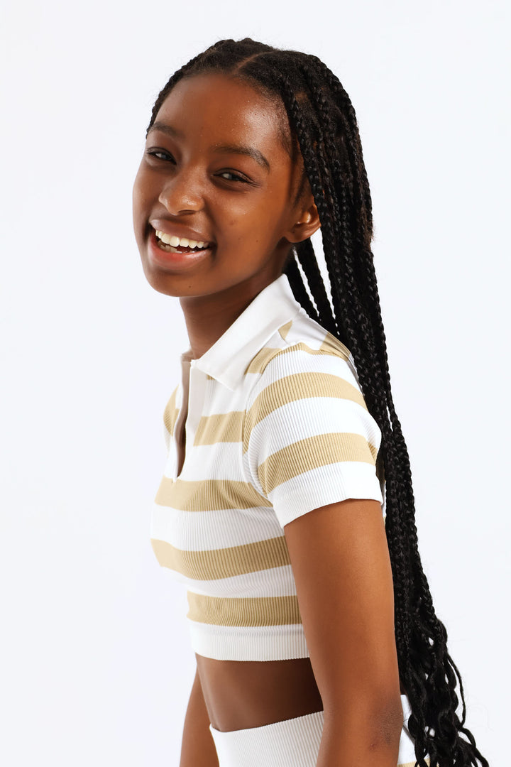 Girls Seamless Striipe Johnny Collar Top - Stone