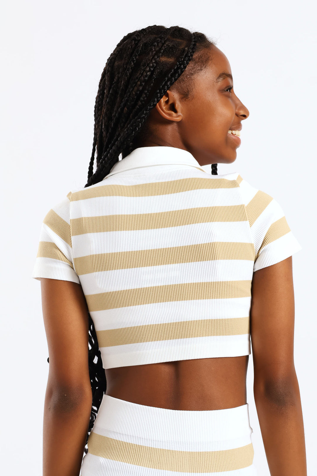 Girls Seamless Striipe Johnny Collar Top - Stone