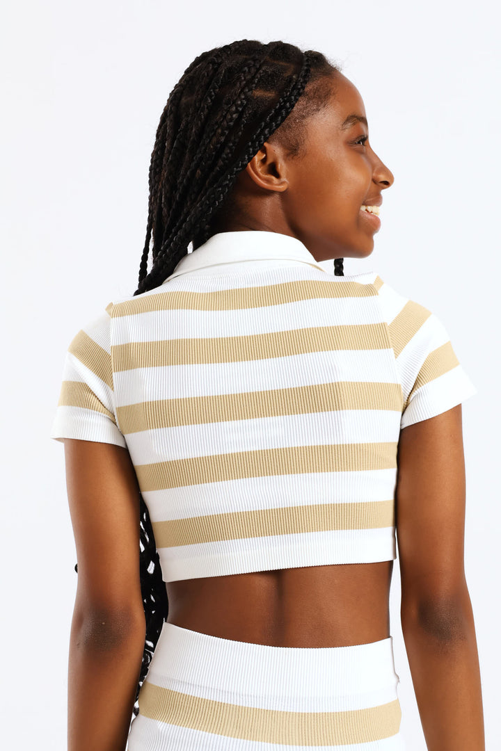 Girls Seamless Striipe Johnny Collar Top - Stone