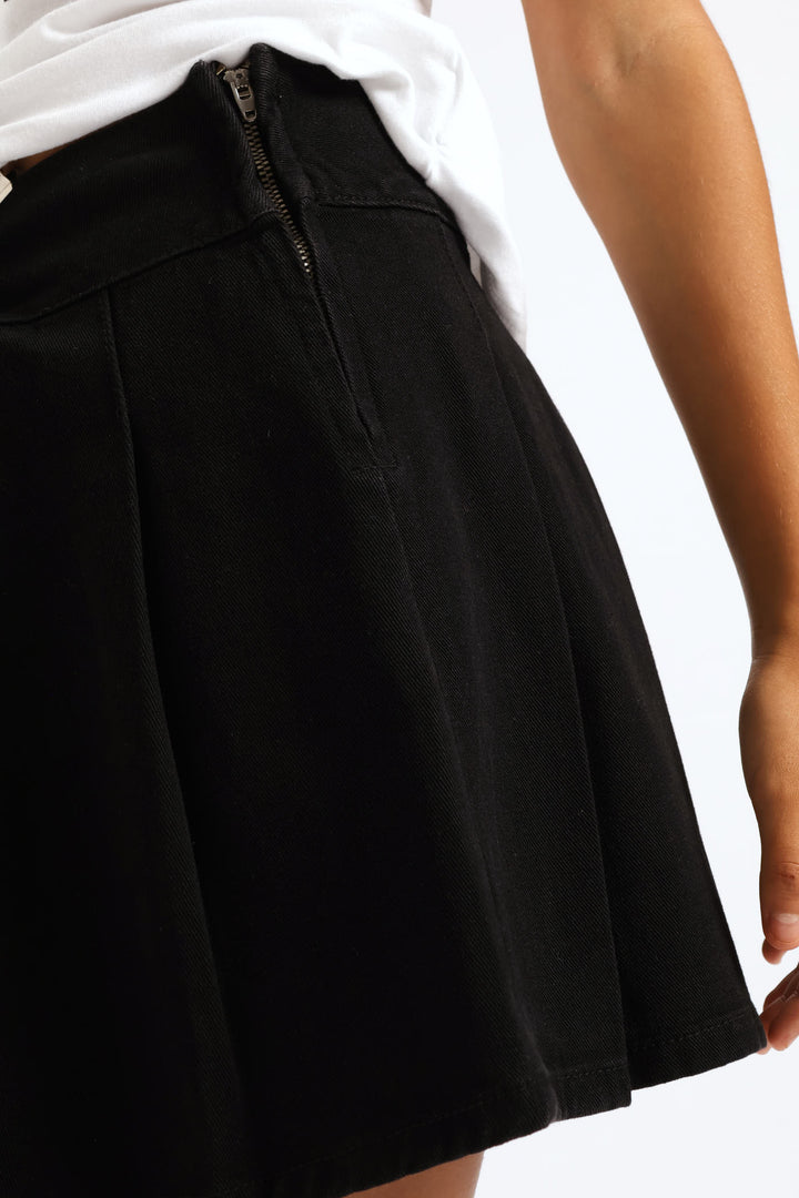 Girls Denim Pleated Skirt - Black