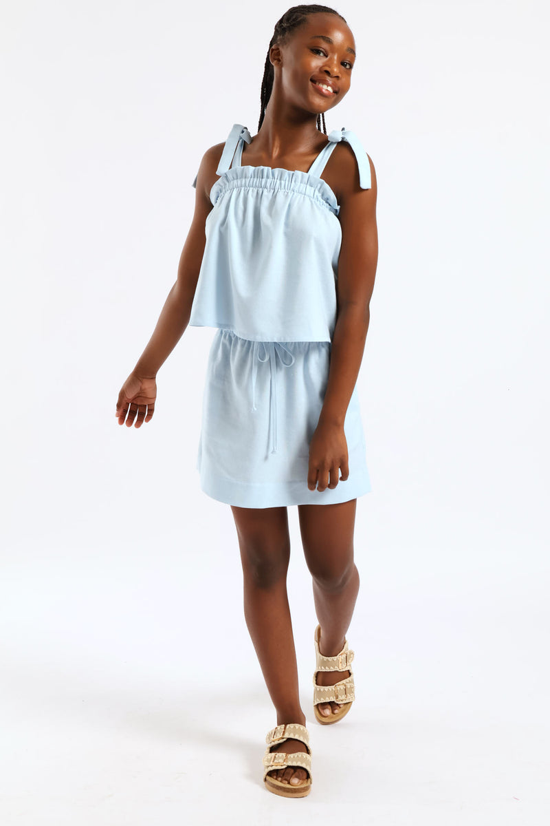 Girls Paperbag Detail Tie Strap Flare Top - Light Blue
