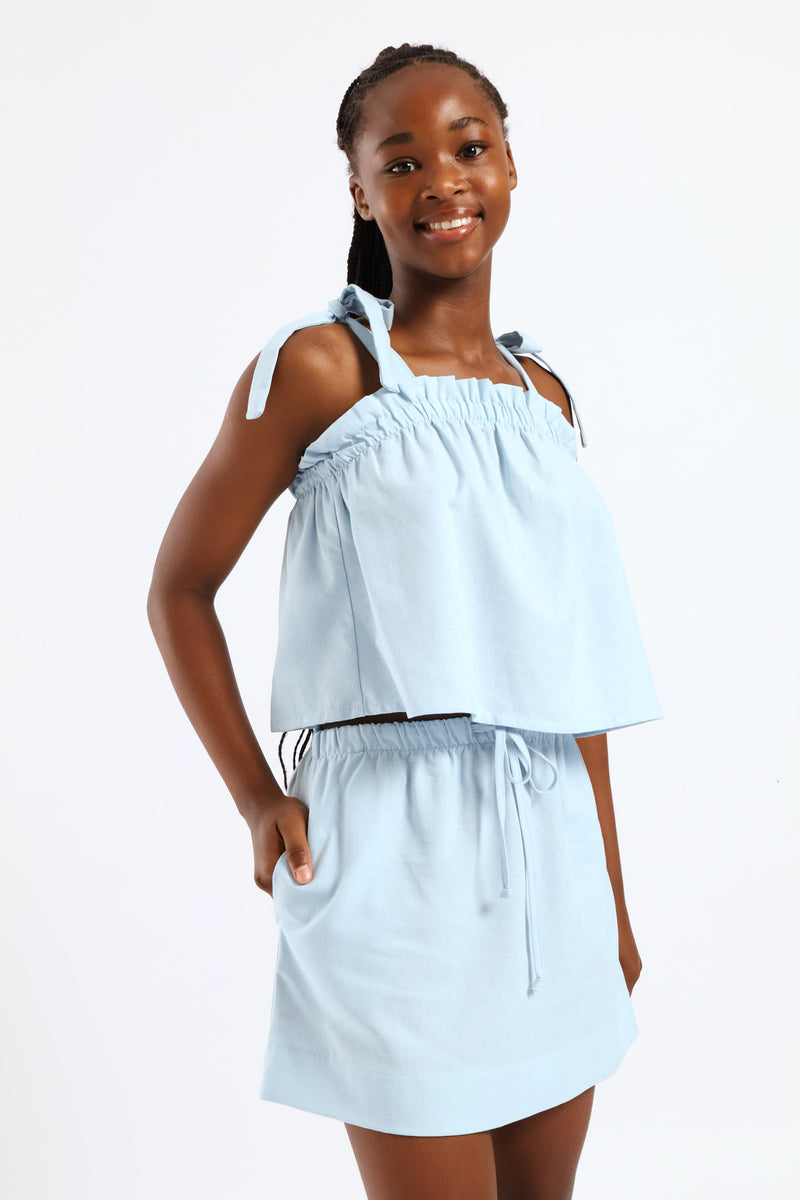Girls Basic Elasticated Waist Linen Skirt - Light Blue
