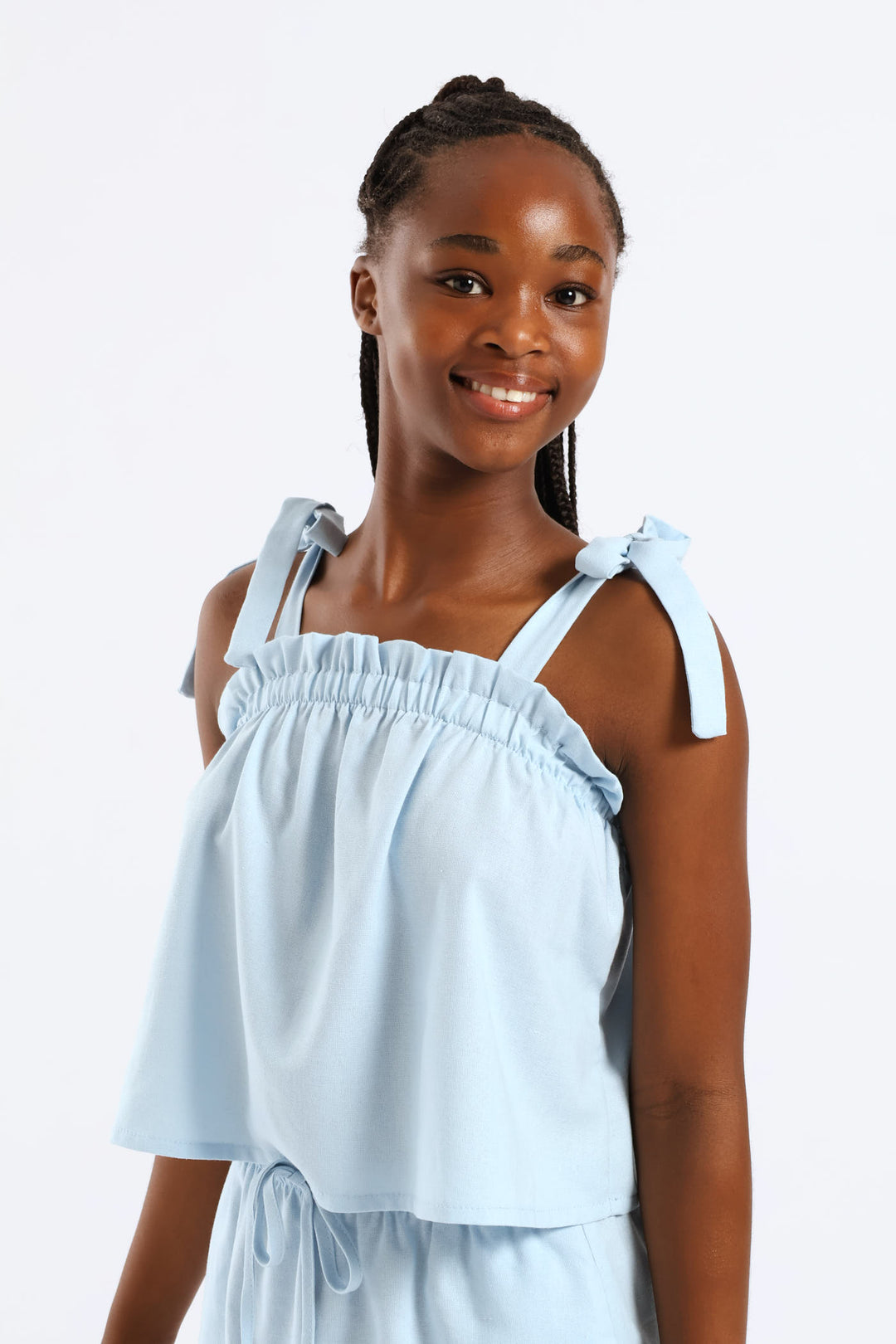 Girls Paperbag Detail Tie Strap Flare Top - Light Blue