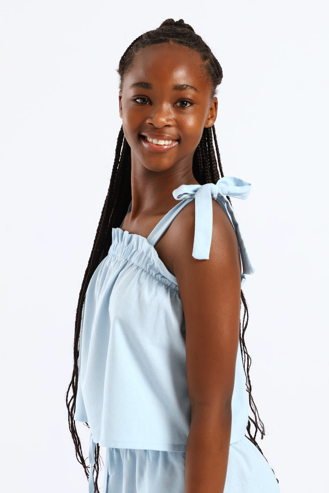 Girls Paperbag Detail Tie Strap Flare Top - Light Blue