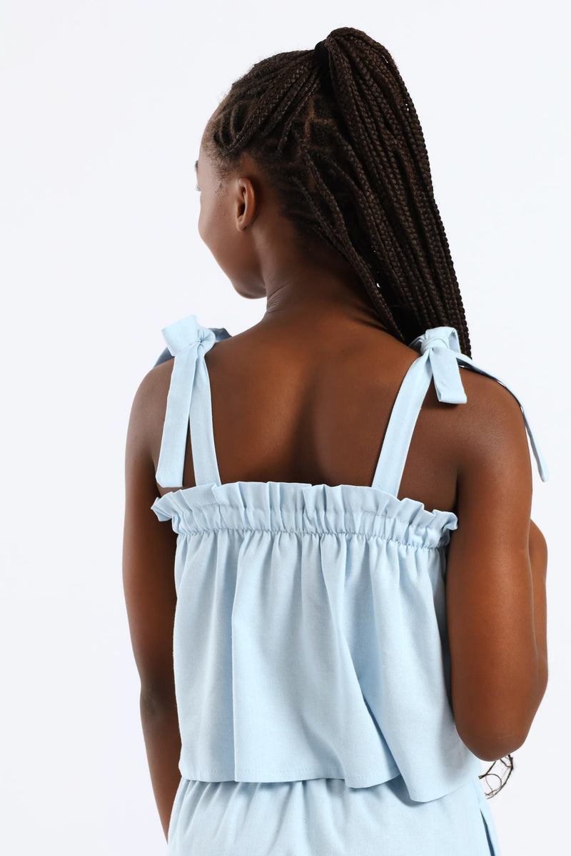 Girls Paperbag Detail Tie Strap Flare Top - Light Blue