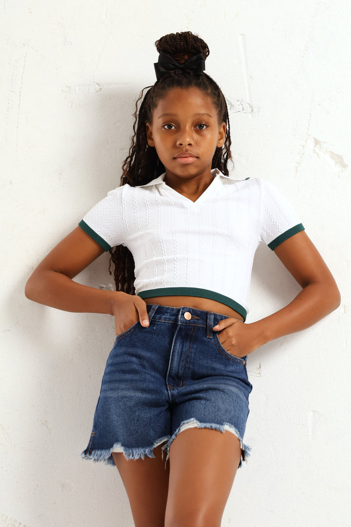 Girls Abraised Denim Cheeky Shorts - Dark Blue