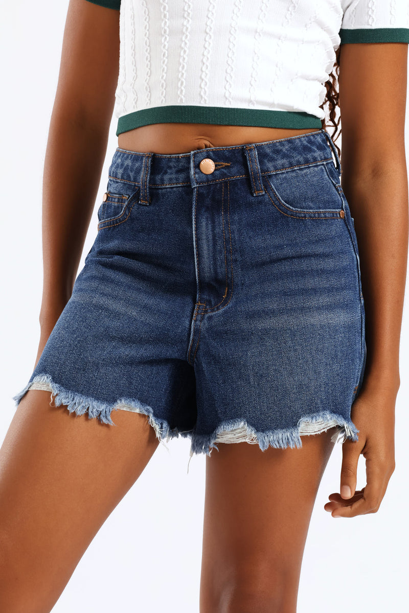 Girls Abraised Denim Cheeky Shorts - Dark Blue