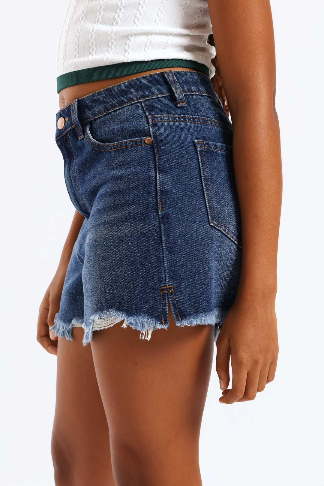 Girls Abraised Denim Cheeky Shorts - Dark Blue