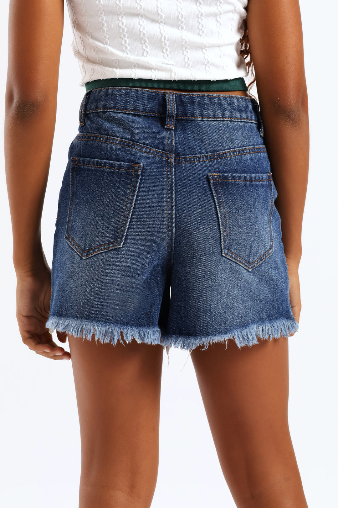 Girls Abraised Denim Cheeky Shorts - Dark Blue