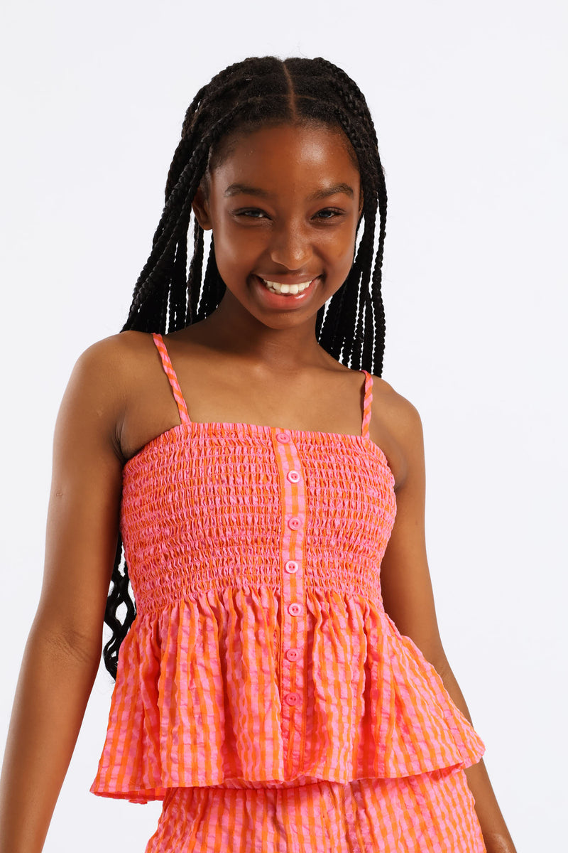 Girls Shirred Bodice Strappy Frill Hem Cami - Multi