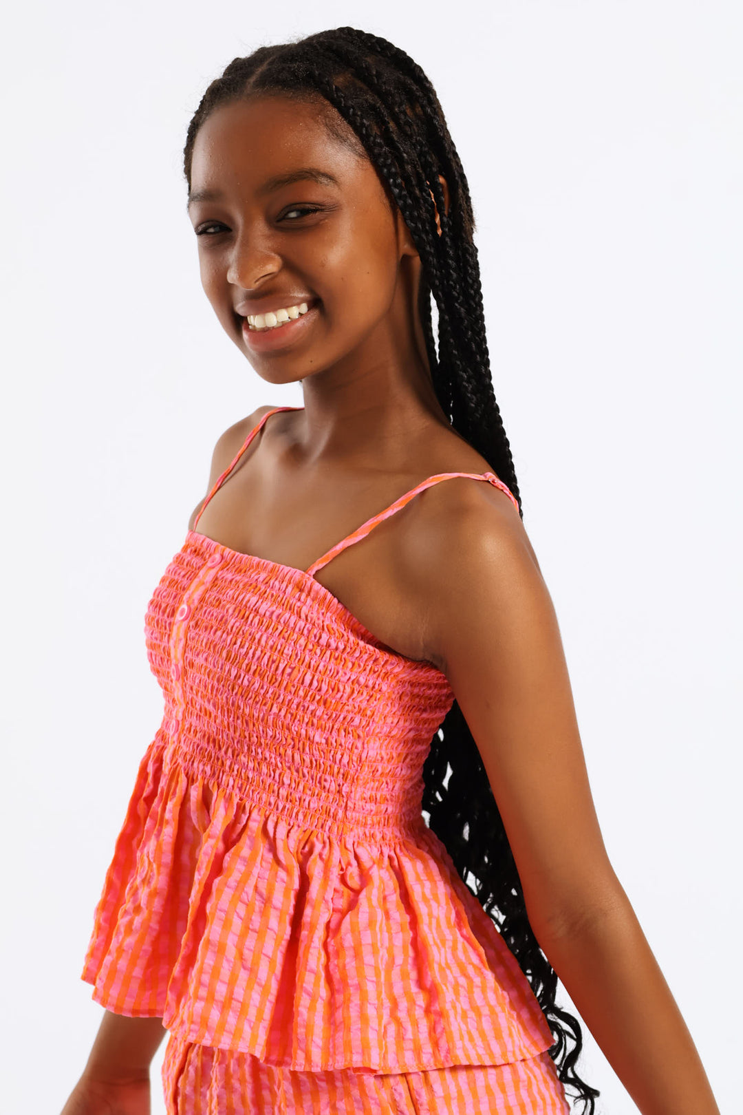 Girls Shirred Bodice Strappy Frill Hem Cami Set - Multi