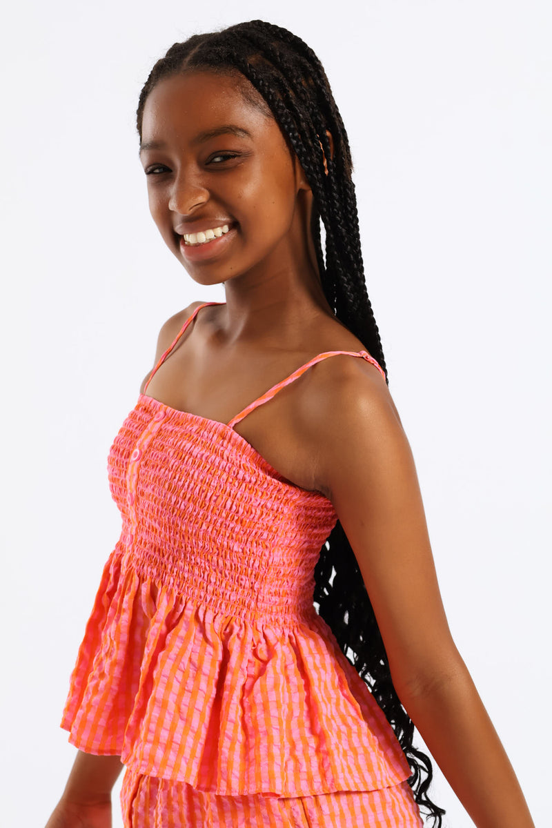 Girls Shirred Bodice Strappy Frill Hem Cami - Multi