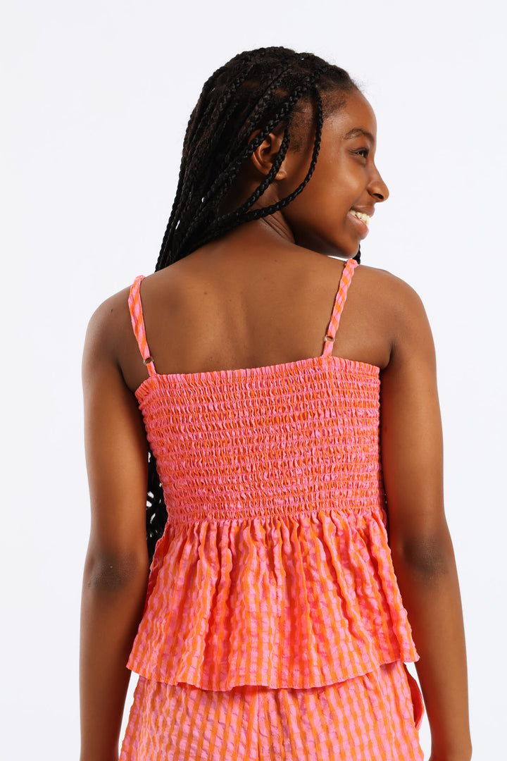 Girls Shirred Bodice Strappy Frill Hem Cami Set - Multi