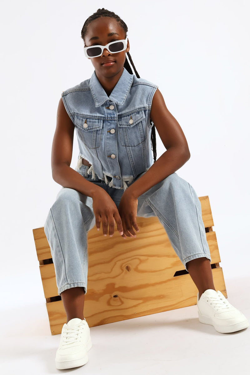Girls Raw Hem Denim Waistcoat - Mid Blue
