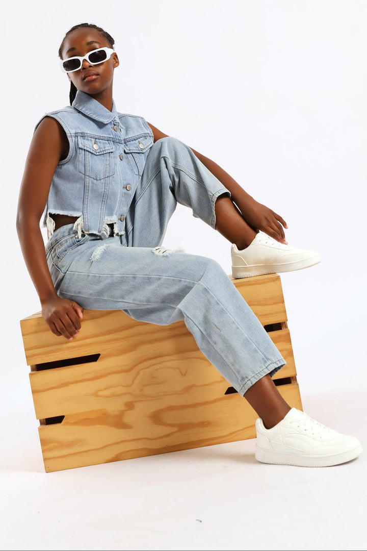 Girls Panel Detail Barrel Jean - Light Blue